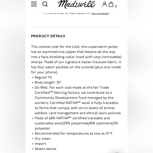 Madewell Women's Eldridge Zip Coat Insuluxe Wool/Cashmere Blend Black/White XS - Picture 16 of 16